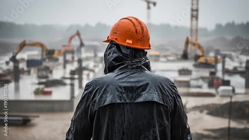Back view of a male construction worker in an orange hard hat and black raincoat standing at a muddy construction site during heavy rain with cranes and excavators in the background