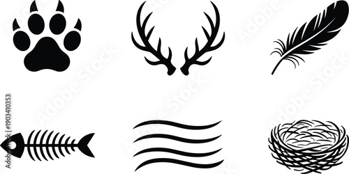 Wildlife symbol collection illustration, animal paw antlers feather nest fishbone icons set, nature elements silhouettes isolated for design concept