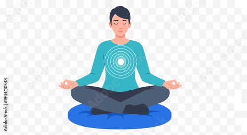 Person meditating on a blue cushion with a circular pattern.