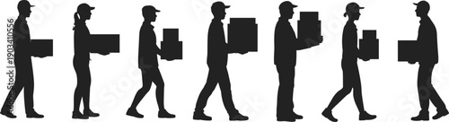 Delivery workers silhouette carrying boxes, courier service concept, logistics transportation, warehouse staff, moving people, black vector illustration set