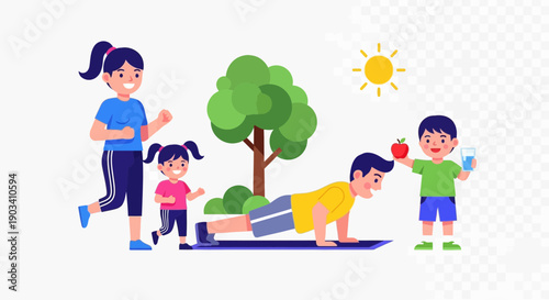 Family exercising outdoors under the sun with a tree.