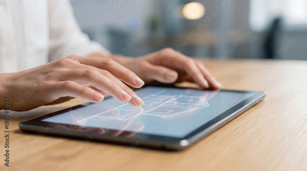 Fototapeta premium Woman using digital tablet with house plan on screen. Blueprint design concept for architecture and real estate business. Smart home technology model.