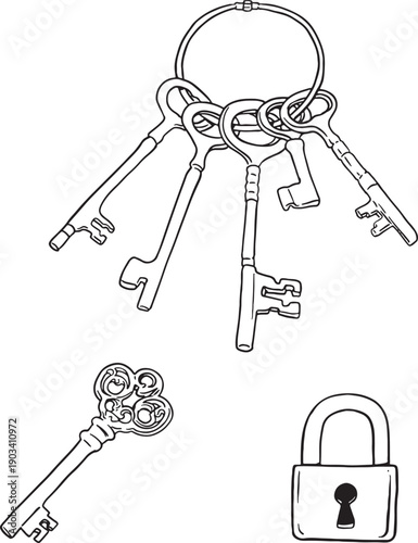 Vector set of vintage skeleton keys on a ring and a classic padlock. Hand-drawn antique illustrations in black and white line art for security and mystery.