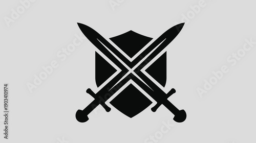 Black graphic of two crossed swords over a shield shape, on a light gray background