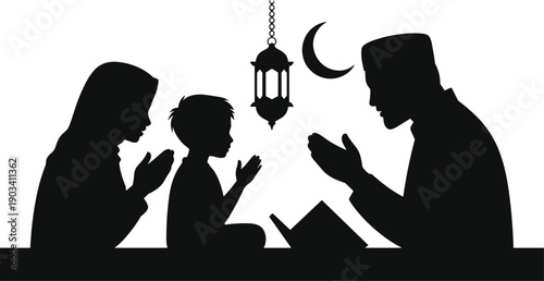 Ramadan family prayer silhouette, muslim parents and child making dua before iftar, islamic holy month, crescent moon, flat vector illustration