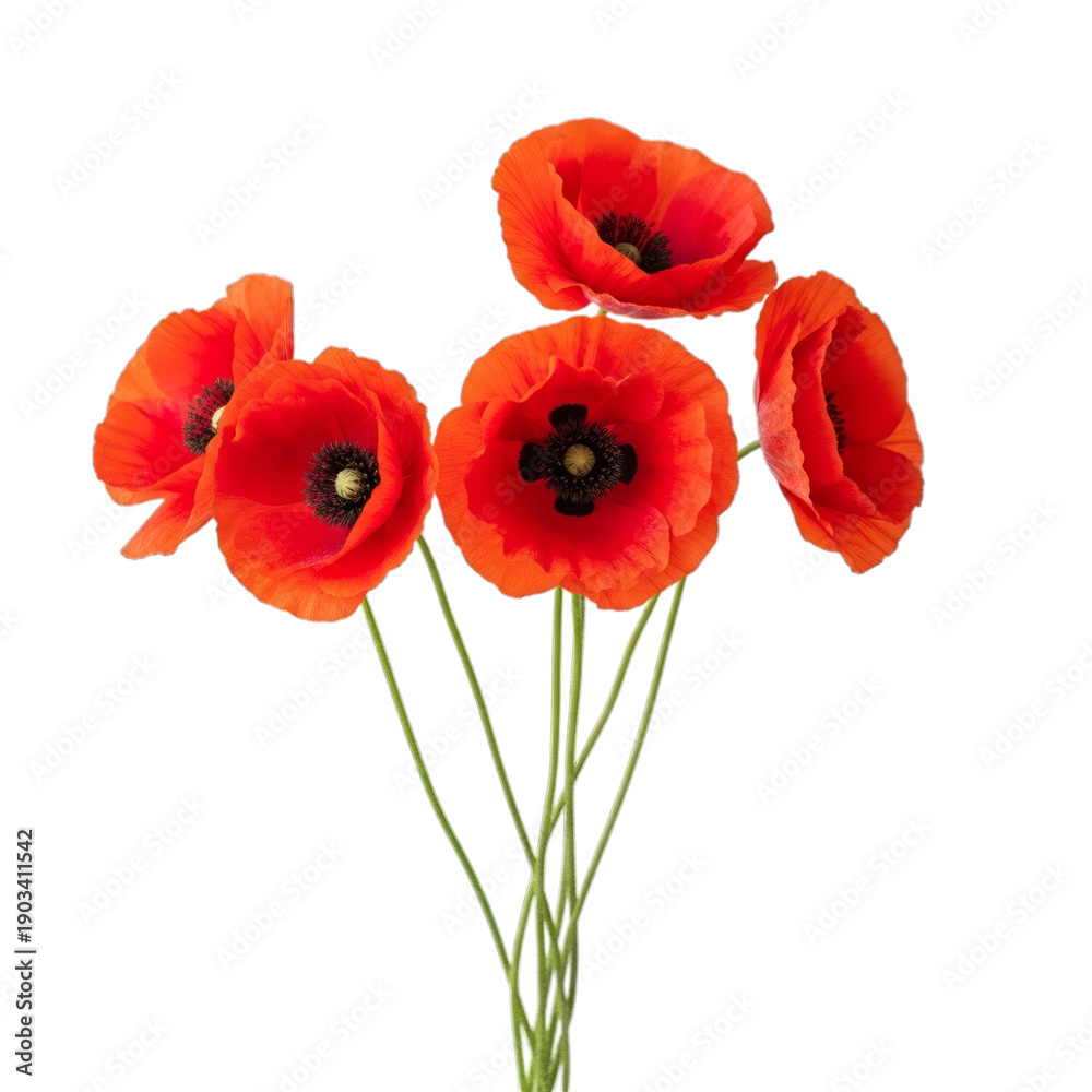 Obraz premium Bright red poppies with green stems in full bloom isolated on a transparent background