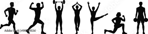 Fitness workout silhouettes set, men exercising, running stretching weightlifting yoga poses, strength training gym activity, black flat vector illustration