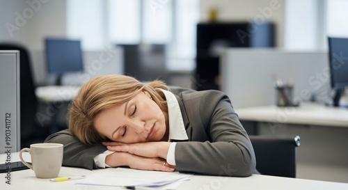 Exhausted middle aged Caucasian businesswoman sleeping at her desk in a modern office environment, tired female employee taking a nap during work hours