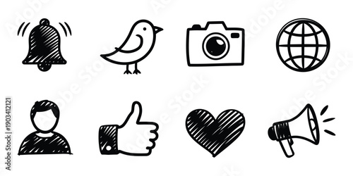 Social Media Sketch Icons in black doodle style, notification bell, bird, camera, globe, user, like, heart, megaphone vector illustration.