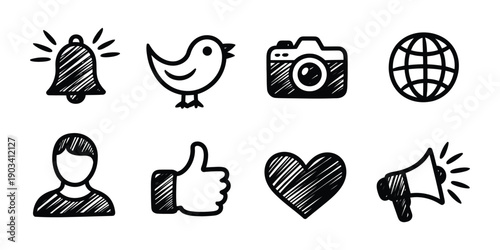 Social Media Sketch Icons in black doodle style, notification bell, bird, camera, globe, user, like, heart, megaphone vector illustration.