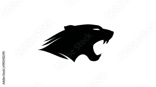 A black silhouette of a roaring wild cat. It has sharp teeth and is set on a white background