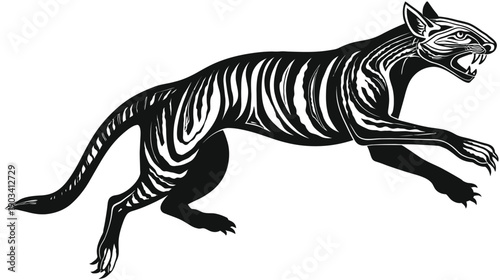 A black and white illustration of a feline predator in motion, set against a blank background