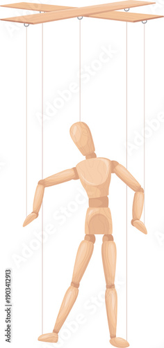 Wooden doll hanging on strings. Manipulation cartoon icon