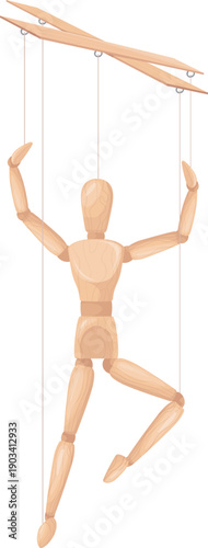 Human model puppet on puppeteer strings. Wooden doll dancing