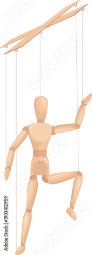 Wooden marionette in action pose. Theater puppet doll