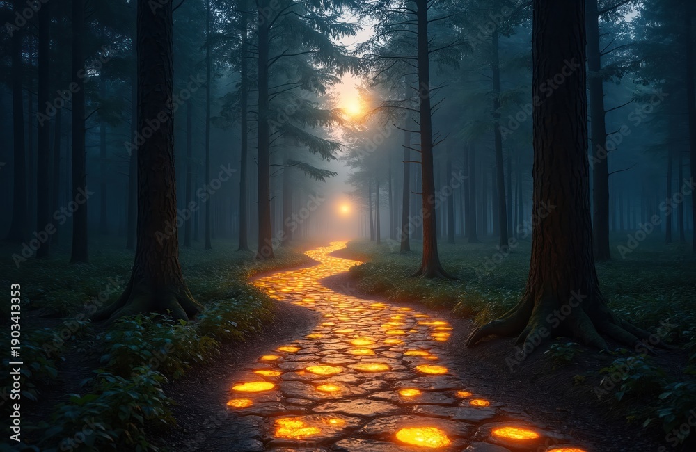Fototapeta premium Forest path illuminated by glowing stones leading through dark woods with setting sun light beams. Tall trees stand on sides creating magical forest atmosphere. Nature trail glows.