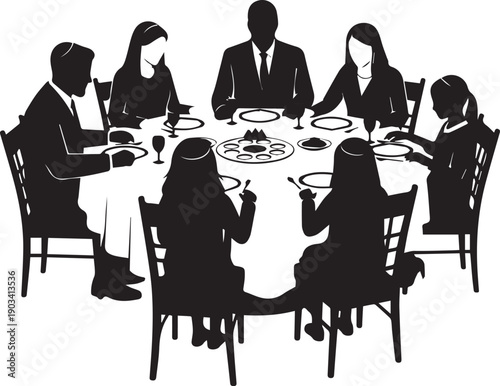 Family gathering at passover seder table with traditional holiday food vector silhouette illustration