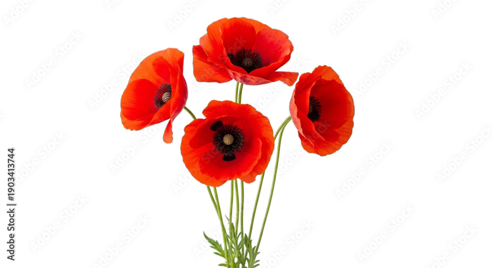 Naklejka premium Bright red poppies with green stems and leaves isolated on a transparent background