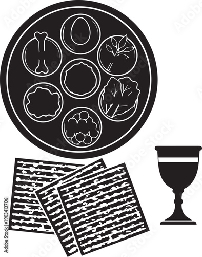 Passover seder plate with matzah and wine vector illustration for pesach holiday festive meal dinner