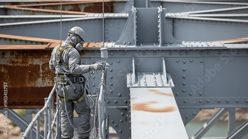 Professional male industrial painter in protective gear and safety harness spray painting a large steel bridge structure to prevent corrosion