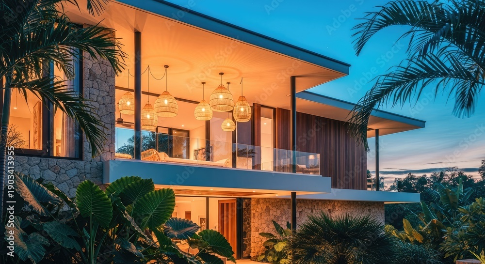 Fototapeta premium A modern, luxurious villa at dusk, featuring open design, warm lighting, and tropical foliage