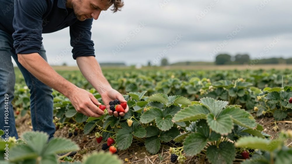 Fototapeta premium Dedicated Farmer Harvesting Fresh Strawberries and Blackberries from Lush Green Rows in an Expansive Agricultural Field Emphasizing Sustainable Farming and Quality Produce.