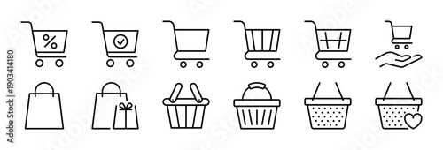 Shopping cart icon set. Trolley, grocery cart black line icons. Basket sign. E-commerce, closeout, retail, supermarket concept. Vector illustration. Isolated on a white background. Editable stroke.
