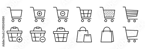 Shopping cart icon set. Trolley, grocery cart black line icons. Basket sign. E-commerce, closeout, retail, supermarket concept. Vector illustration. Isolated on a white background. Editable stroke.