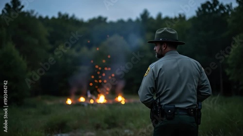 Back view of a male park ranger in uniform and hat watching a controlled burn or forest fire at dusk in a wooded area