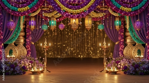 Luxury Indian Festival Stage Decoration with Colorful Drapes, Floral Garlands, and Glowing Lamps, Traditional Wedding and Diwali Celebration Background for Cultural Events, Ceremony Design