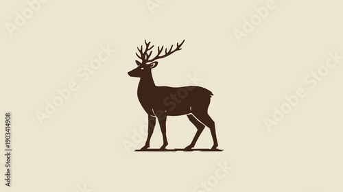 A silhouette of a deer with large antlers, brown against a cream background