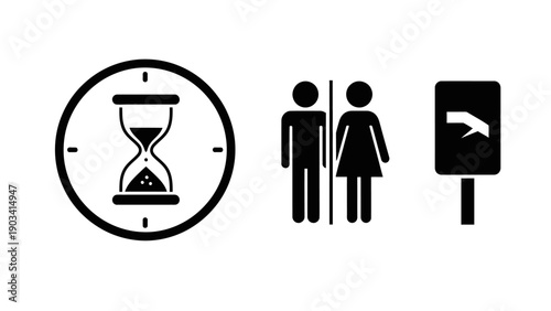 Restroom sign with hourglass timer symbol.