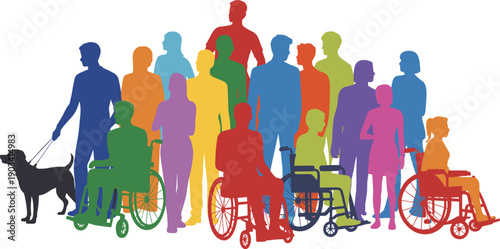 Colorful diverse people silhouettes including wheelchair users and guide dog, social inclusion accessibility equality community diversity concept, modern flat vector illustration