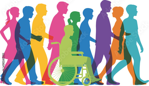 Colorful diverse people walking side view silhouettes with wheelchair user, accessibility inclusion equality movement community diversity concept, modern flat vector illustration