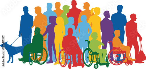 Colorful diverse people silhouettes including wheelchair users and guide dog, social inclusion accessibility equality community diversity concept, modern flat vector illustration