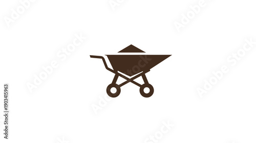 A brown wheelbarrow, filled with dark material, is centered against a clean white background