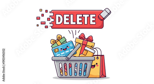 Shopping Cart with Gifts and Credit Card Being Deleted by Eraser, Online Shopping Cancel Concept, Vector Illustration