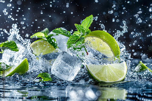 Mint leaves and ice cubes mingle with fresh lime with water