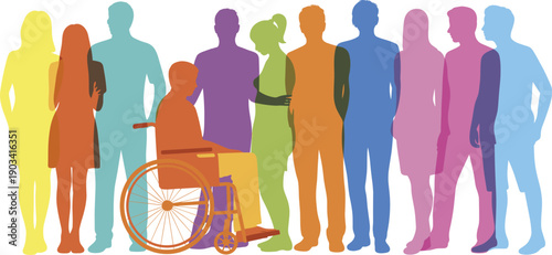 Colorful diverse people silhouettes standing together with wheelchair user, social inclusion accessibility equality community diversity concept, modern flat vector illustration