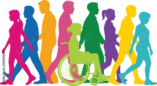 Colorful diverse people silhouettes walking together with wheelchair user, social inclusion accessibility equality community movement concept, modern flat vector illustration