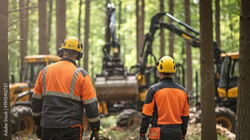 Two male forestry workers in high-visibility safety gear and yellow helmets standing in a dense forest with heavy logging machinery in the background during timber harvesting operations.