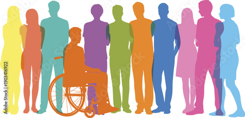 Colorful diverse people silhouettes standing together with wheelchair user, social inclusion accessibility equality community diversity concept, modern flat vector illustration