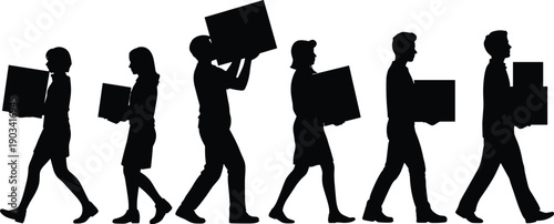 Warehouse and delivery workers carrying boxes silhouettes, logistics moving service teamwork concept, manual handling labor, black isolated flat vector illustration