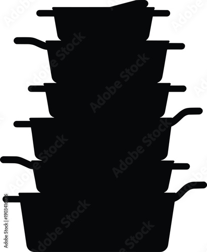 Stacked cooking pots silhouette set, kitchen cookware saucepans collection, household culinary equipment concept, black isolated flat vector illustration