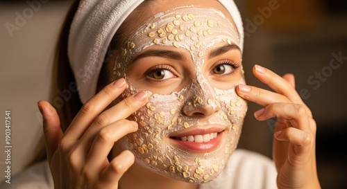 Wallpaper Mural Young woman applying natural oatmeal face mask for healthy skin glow at home spa Torontodigital.ca