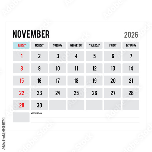 November 2026 Monthly Calendar Simple Planner Layout