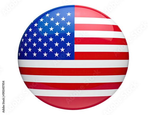A glossy sphere displaying the American flag's stars and stripes, patriotic and clear