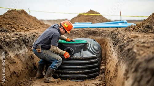 A male construction worker in a hard hat and safety gear installs a large black plastic septic tank or drainage system in a deep dirt trench at a residential construction site.