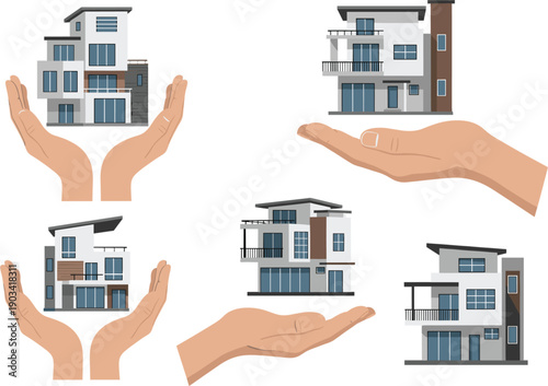 Hands holding modern house and apartment buildings symbolizing real estate protection, property investment, housing security concept
