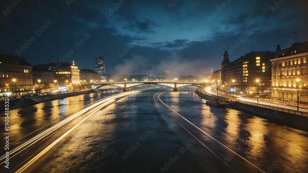 Fototapeta premium longexposure. A nighttime cityscape glows with lights reflecting on the river, captured in a long exposure effect. real-estate listings.